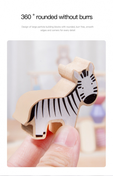 Jucarie educativa Montessori pentru copii, set 24 piese figurine si forme de lemn pentru stivuire, Animal Balance Jenga, 3 ani, Edujucarii [10]