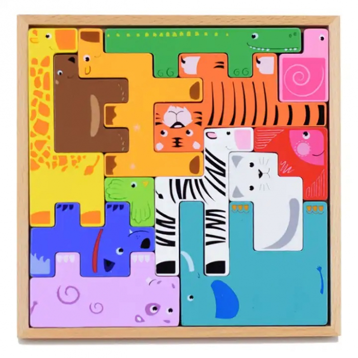 Joc educativ, Tetris animale, 10 figurine de lemn pentru stivuire si asamblare, Montessori, Animal Creative JigSaw, 3 ani, EduJucarii [2]