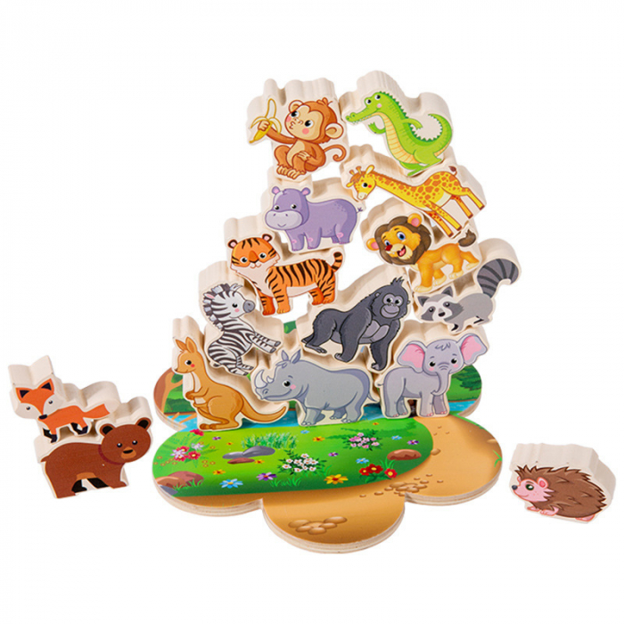 Jucarie educativa Montessori pentru copii, set 14 figurine de lemn pentru stivuire, Animal Balance, 3 ani, EduJucarii [3]
