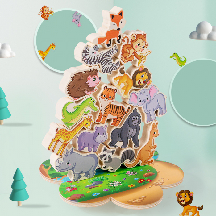 Jucarie educativa Montessori pentru copii, set 14 figurine de lemn pentru stivuire, Animal Balance, 3 ani, EduJucarii [5]
