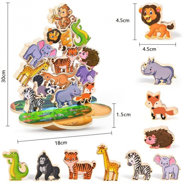 Jucarie educativa Montessori pentru copii, set 14 figurine de lemn pentru stivuire, Animal Balance, 3 ani, EduJucarii [2]