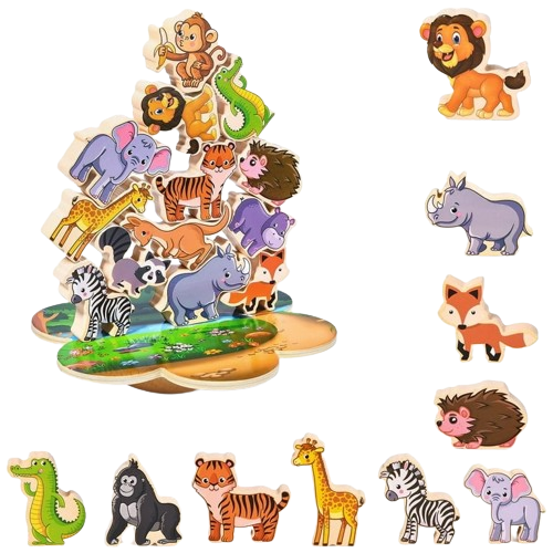 Jucarie educativa Montessori pentru copii, set 14 figurine de lemn pentru stivuire, Animal Balance, 3 ani, EduJucarii [1]