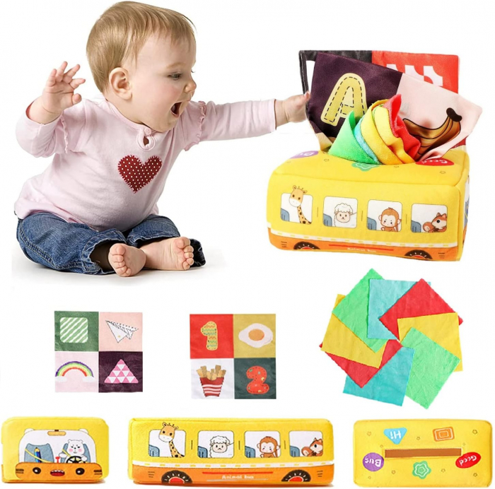 Jucarie educativa si senzoriala bebe, Cutie cu batiste, material textil, Montessori, Autobuz cu animale, EduJucarii, 3 luni+ [4]