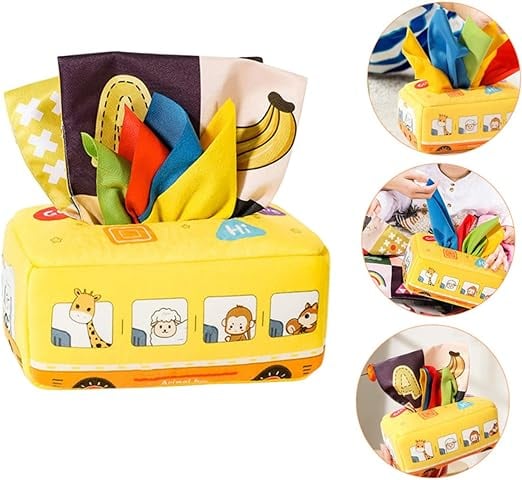 Jucarie educativa si senzoriala bebe, Cutie cu batiste, material textil, Montessori, Autobuz cu animale, EduJucarii, 3 luni+ [3]