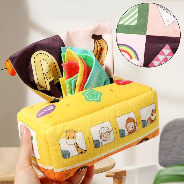 Jucarie educativa si senzoriala bebe, Cutie cu batiste, material textil, Montessori, Autobuz cu animale, EduJucarii, 3 luni+ [9]