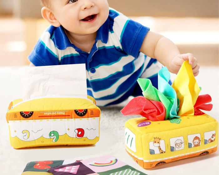Jucarie educativa si senzoriala bebe, Cutie cu batiste, material textil, Montessori, Autobuz cu animale, EduJucarii, 3 luni+ [8]