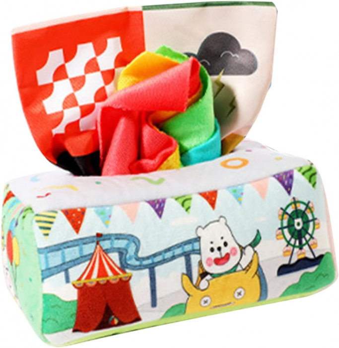 Jucarie educativa si senzoriala bebe, Cutie cu batiste, material textil, Montessori, Lumea circului, EduJucarii, 3 luni+ [3]
