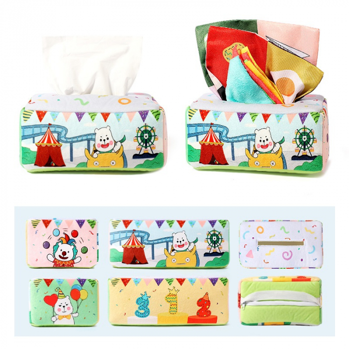 Jucarie educativa si senzoriala bebe, Cutie cu batiste, material textil, Montessori, Lumea circului, EduJucarii, 3 luni+ [4]