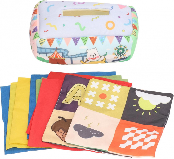 Jucarie educativa si senzoriala bebe, Cutie cu batiste, material textil, Montessori, Lumea circului, EduJucarii, 3 luni+ [2]
