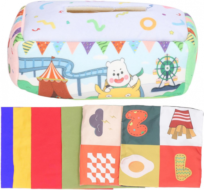 Jucarie educativa si senzoriala bebe, Cutie cu batiste, material textil, Montessori, Lumea circului, EduJucarii, 3 luni+ [6]