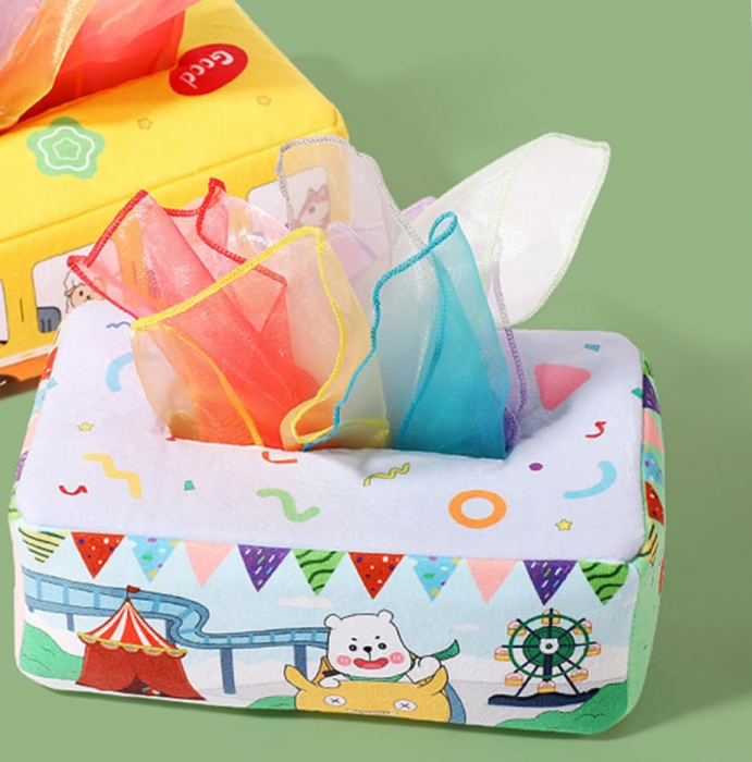 Jucarie educativa si senzoriala bebe, Cutie cu batiste, material textil, Montessori, Lumea circului, EduJucarii, 3 luni+ [5]