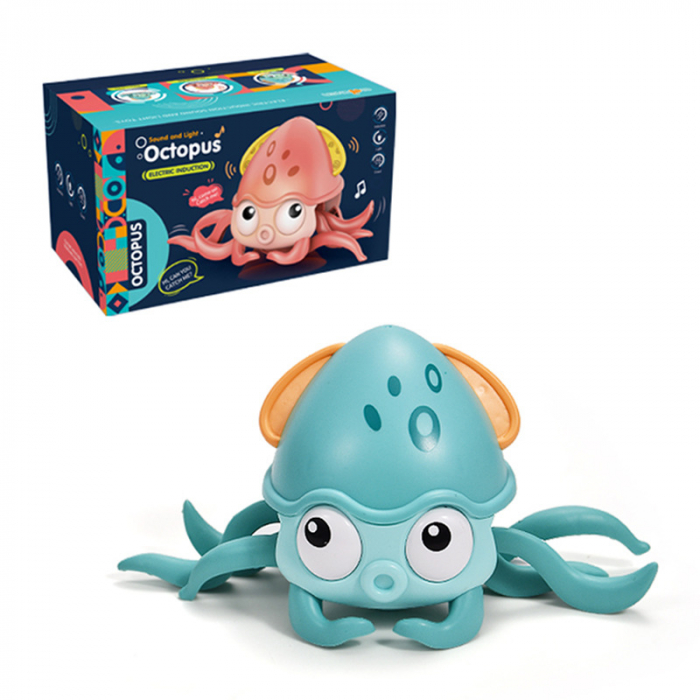 Jucarie interactiva Caracatita cu sunete, lumini, se misca si canta, senzori pentru obstacole, jucarie pe inductie, cablu incarcare USB, 3 ani+, turcoaz, Edujucarii [13]