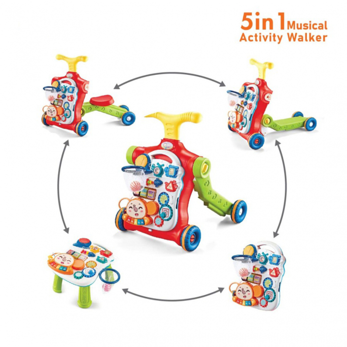 Jucarie Interactiva, Centru de activitati multiple, 5 in 1 cu lumini si sunete, Antemergator, Masuta de activitati, Tricicleta, Masinuta ride-on, Trotineta, culoare verde si rosu, Edujucarii [5]