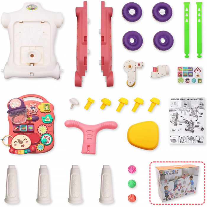Jucarie Interactiva, Centru de activitati multiple, 5 in 1 cu lumini si sunete, Antemergator, Masuta de activitati, Tricicleta, Masinuta ride-on, Trotineta, culoare alb si roz, Edujucarii [3]