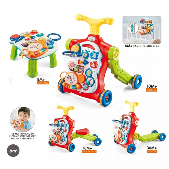 Jucarie Interactiva, Centru de activitati multiple, 5 in 1 cu lumini si sunete, Antemergator, Masuta de activitati, Tricicleta, Masinuta ride-on, Trotineta, culoare verde si rosu, Edujucarii [3]