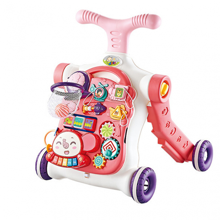 Jucarie Interactiva, Centru de activitati multiple, 5 in 1 cu lumini si sunete, Antemergator, Masuta de activitati, Tricicleta, Masinuta ride-on, Trotineta, culoare alb si roz, Edujucarii [4]