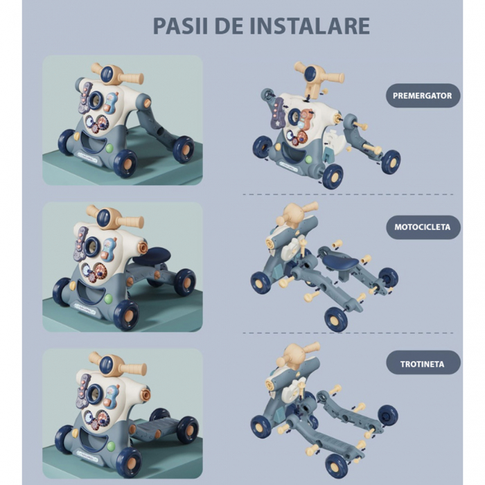 Jucarie Interactiva, Centru de activitati multiple, 6 in 1 cu lumini si sunete, Antemergator, Balansoar, Tricicleta, Masinuta ride-on, Trotineta, culoare maro, Edujucarii [4]