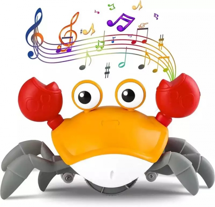 Jucarie interactiva Crab cu sunete, lumini, se deplaseaza si canta, senzori pentru obstacole, jucarie pe inductie, cablu incarcare USB, 3 ani+, galben, Edujucarii [5]