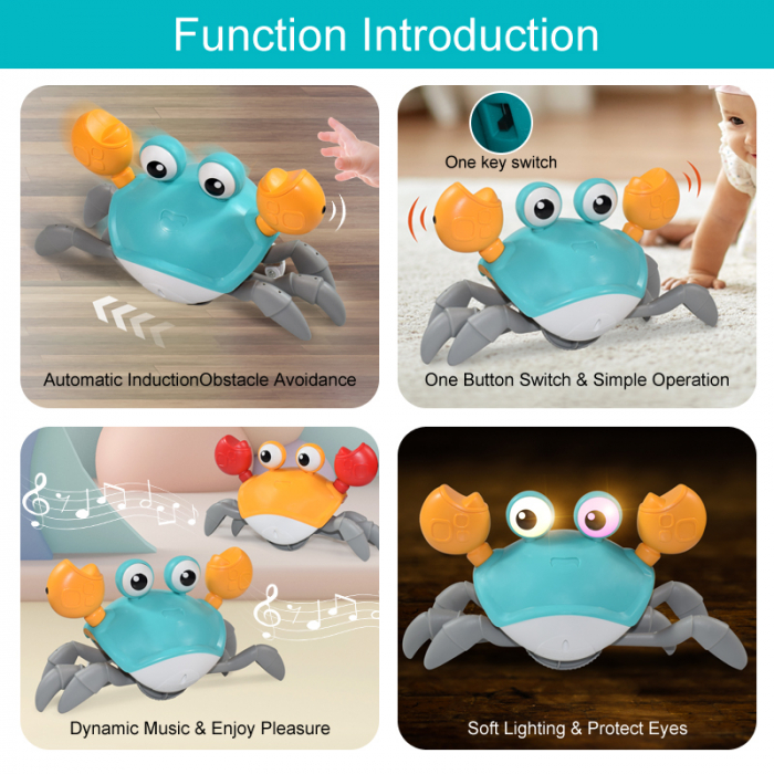 Jucarie interactiva Crab cu sunete, lumini, se deplaseaza si canta, senzori pentru obstacole, jucarie pe inductie, cablu incarcare USB, 3 ani+, turcoaz, Edujucarii [3]