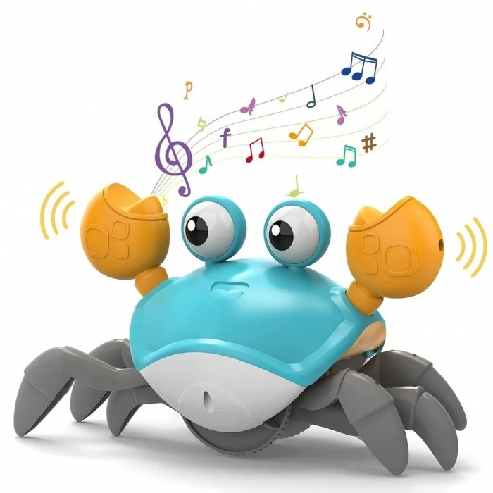 Jucarie interactiva Crab cu sunete, lumini, se deplaseaza si canta, senzori pentru obstacole, jucarie pe inductie, cablu incarcare USB, 3 ani+, turcoaz, Edujucarii [6]