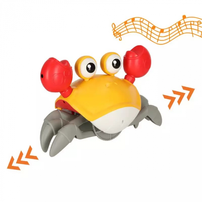 Jucarie interactiva Crab cu sunete, lumini, se deplaseaza si canta, senzori pentru obstacole, jucarie pe inductie, cablu incarcare USB, 3 ani+, galben, Edujucarii [6]