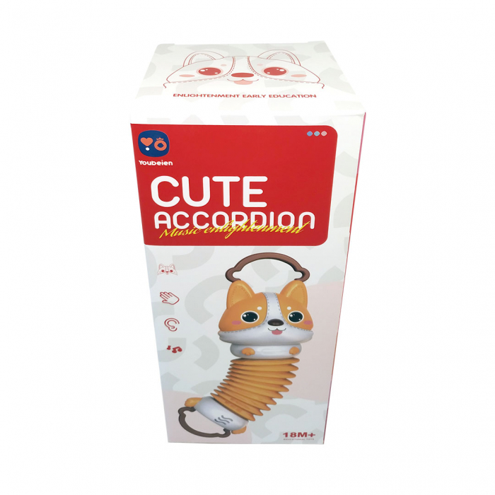 Jucarie interactiva pentru bebelusi, cu sunete si buton play, 14 sunete diferite, Acordeon, Catelusul Corgi, 30 x 9 cm, Portocaliu [7]