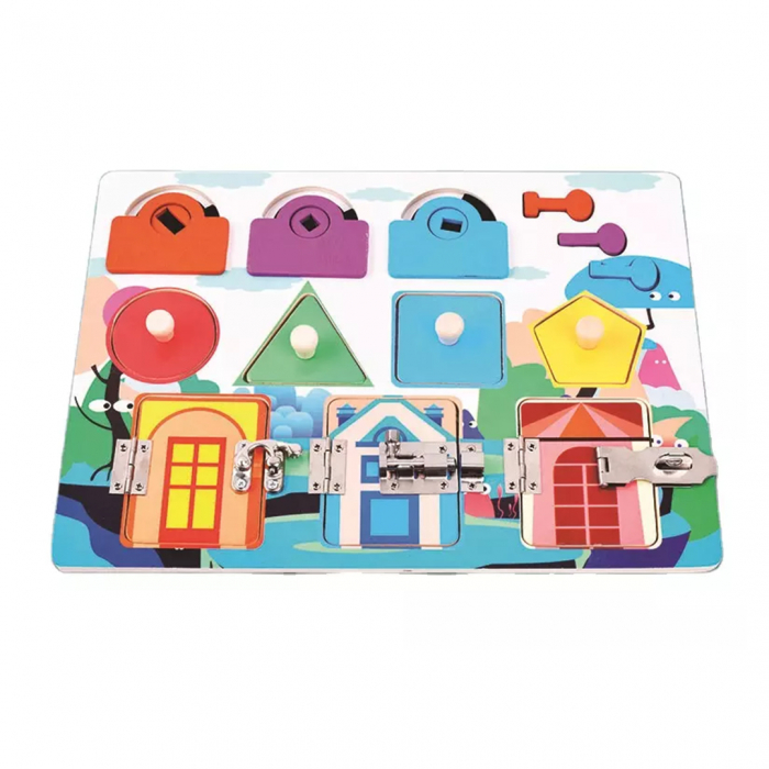 Jucarie interactiva si educativa Montessori, placa senzoriala de activitati 3 in 1 cu forme geometrice, 3 usi cu cheie , 3 usi cu incuietori si 4 forme geometrice [4]