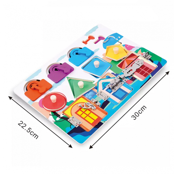 Jucarie interactiva si educativa Montessori, placa senzoriala de activitati 3 in 1 cu forme geometrice, 3 usi cu cheie , 3 usi cu incuietori si 4 forme geometrice [3]