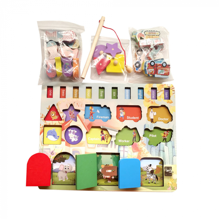 Jucarie interactiva si educativa Montessori, placa senzoriala de activitati 4 in 1 Fishing Busy Board [4]
