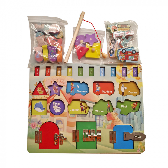 Jucarie interactiva si educativa Montessori, placa senzoriala de activitati 4 in 1 Fishing Busy Board [1]