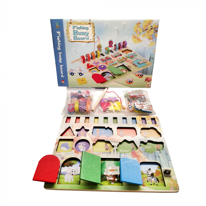 Jucarie interactiva si educativa Montessori, placa senzoriala de activitati 4 in 1 Fishing Busy Board [5]