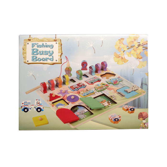 Jucarie interactiva si educativa Montessori, placa senzoriala de activitati 4 in 1 Fishing Busy Board [2]