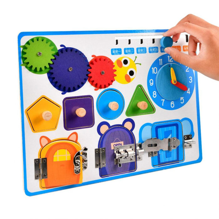 Jucarie interactiva si educativa Montessori, placa senzoriala de activitati 5 in 1 cu ceas, forme geometrice, calendar si 3 usi cu incuietori [5]