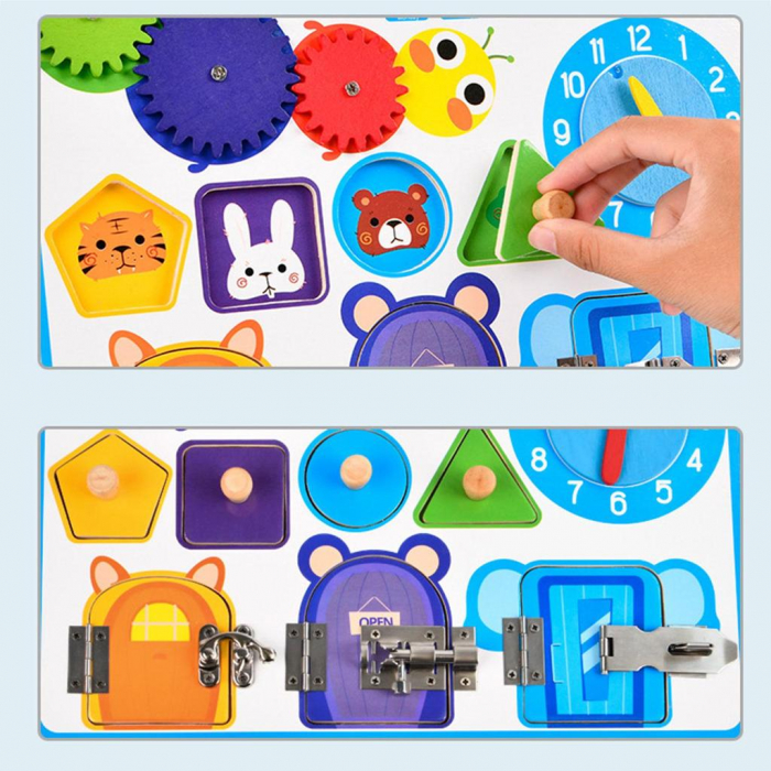 Jucarie interactiva si educativa Montessori, placa senzoriala de activitati 5 in 1 cu ceas, forme geometrice, calendar si 3 usi cu incuietori [6]