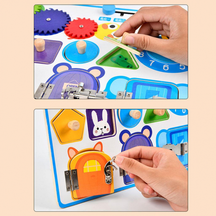 Jucarie interactiva si educativa Montessori, placa senzoriala de activitati 5 in 1 cu ceas, forme geometrice, calendar si 3 usi cu incuietori [3]
