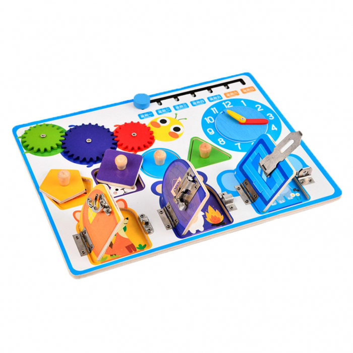 Jucarie interactiva si educativa Montessori, placa senzoriala de activitati 5 in 1 cu ceas, forme geometrice, calendar si 3 usi cu incuietori [2]