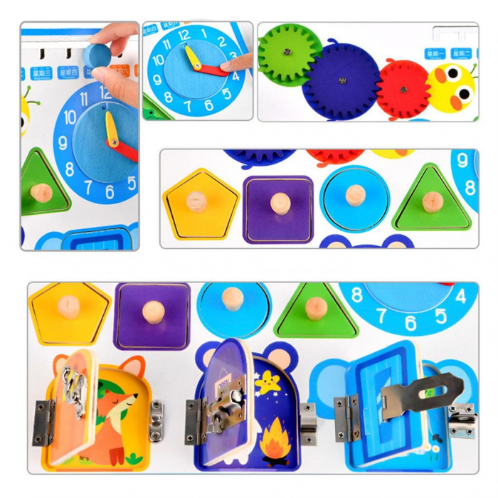 Jucarie interactiva si educativa Montessori, placa senzoriala de activitati 5 in 1 cu ceas, forme geometrice, calendar si 3 usi cu incuietori [4]