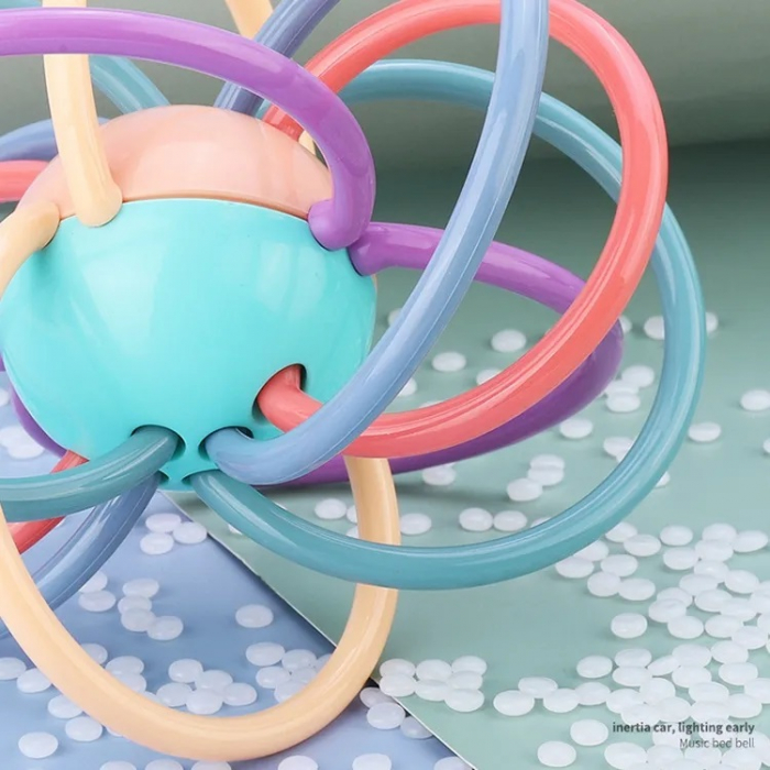 Jucarie pentru bebelusi din silicon cu zornaitoare, motricitate si dentitie fara BPA, 3 luni+, minge multicolora, Edujucarii [3]