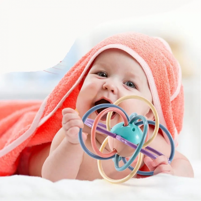 Jucarie pentru bebelusi din silicon cu zornaitoare, motricitate si dentitie fara BPA, 3 luni+, minge multicolora, Edujucarii [4]