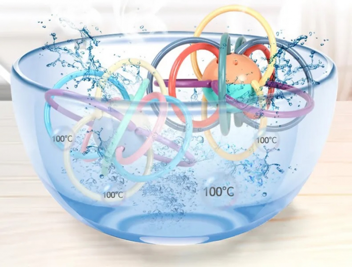 Jucarie pentru bebelusi din silicon cu zornaitoare, motricitate si dentitie fara BPA, 3 luni+, minge multicolora, Edujucarii [6]