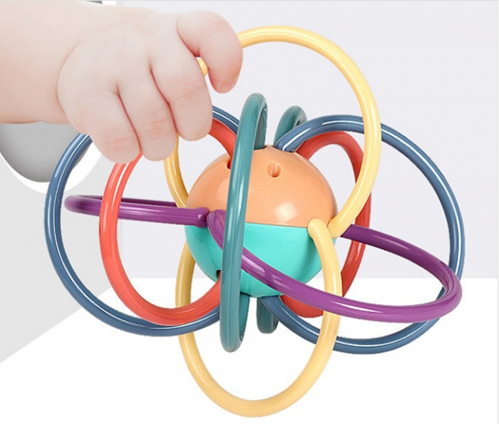 Jucarie pentru bebelusi din silicon cu zornaitoare, motricitate si dentitie fara BPA, 3 luni+, minge multicolora, Edujucarii [8]