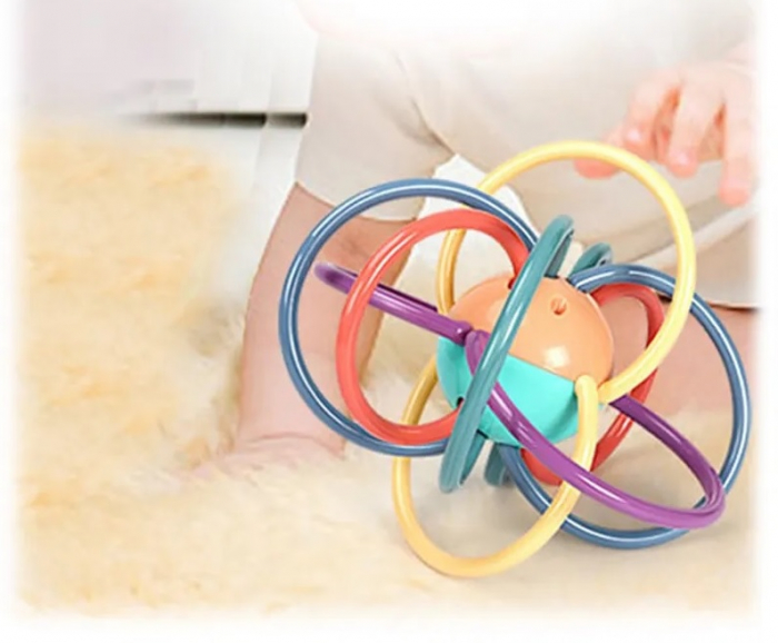 Jucarie pentru bebelusi din silicon cu zornaitoare, motricitate si dentitie fara BPA, 3 luni+, minge multicolora, Edujucarii [2]