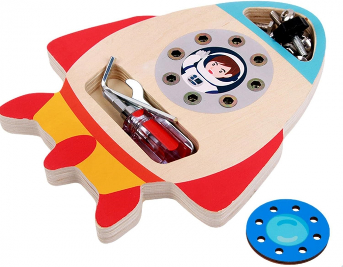 Jucarie Senzoriala Busy Board, Racheta spatiala cu suruburi, Montessori, 3 ani+, EduJucarii [2]