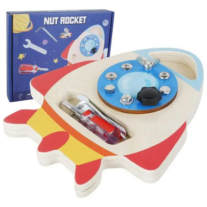 Jucarie Senzoriala Busy Board, Racheta spatiala cu suruburi, Montessori, 3 ani+, EduJucarii [10]