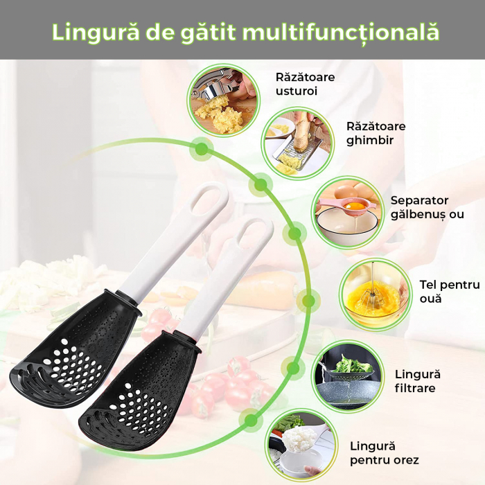 Lingură de gătit multifuncțională 6 în 1  din silicon non toxic pentru bucătărie cu strecurătoare, scurgător, pasator și  răzătoare [11]