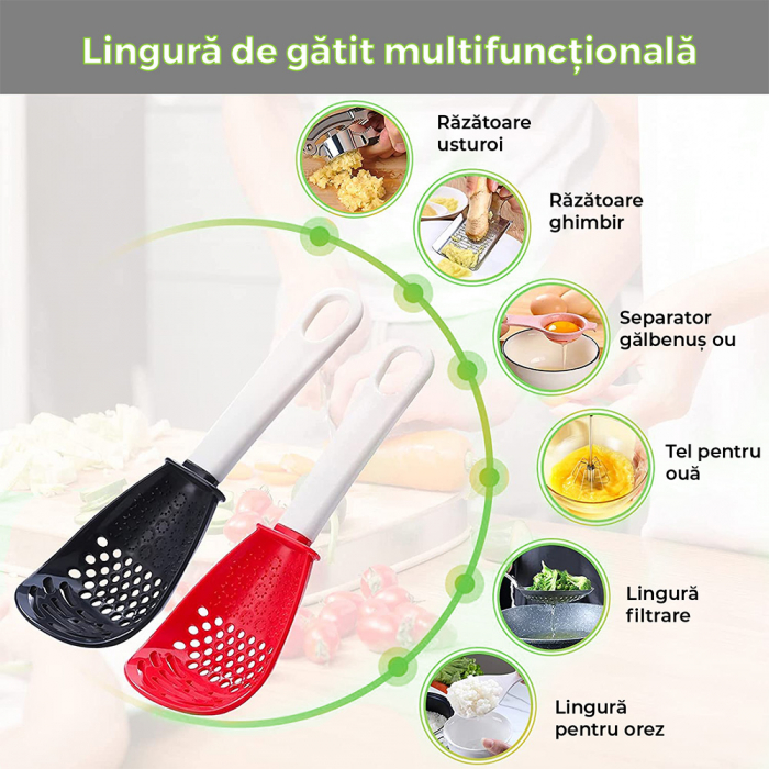 Lingură de gătit multifuncțională 6 în 1  din silicon non toxic pentru bucătărie cu strecurătoare, scurgător, pasator și  răzătoare [2]
