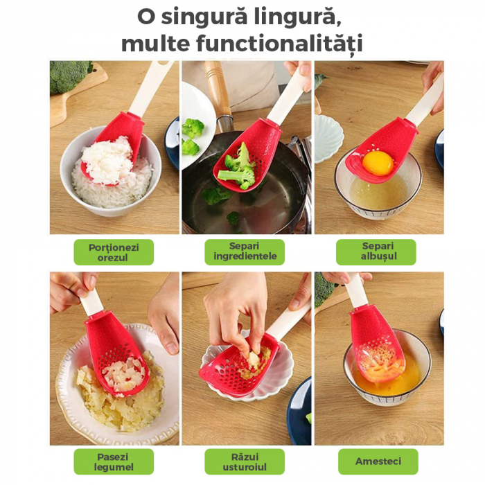 Lingură de gătit multifuncțională 6 în 1  din silicon non toxic pentru bucătărie cu strecurătoare, scurgător, pasator și  răzătoare [5]