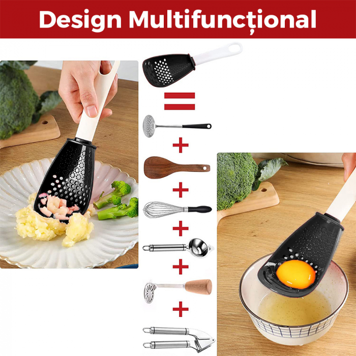 Lingură de gătit multifuncțională 6 în 1  din silicon non toxic pentru bucătărie cu strecurătoare, scurgător, pasator și  răzătoare [10]