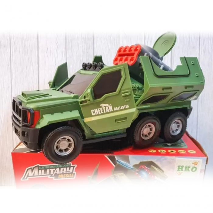 Masina de teren pentru armata, Military Missile, cu baterii, lumini si sunete, lansator de discuri fosforescente, rotire 360 grade, deschiderea usilor, 22 cm [7]