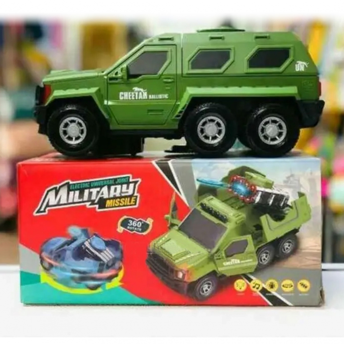 Masina de teren pentru armata, Military Missile, cu baterii, lumini si sunete, lansator de discuri fosforescente, rotire 360 grade, deschiderea usilor, 22 cm [4]